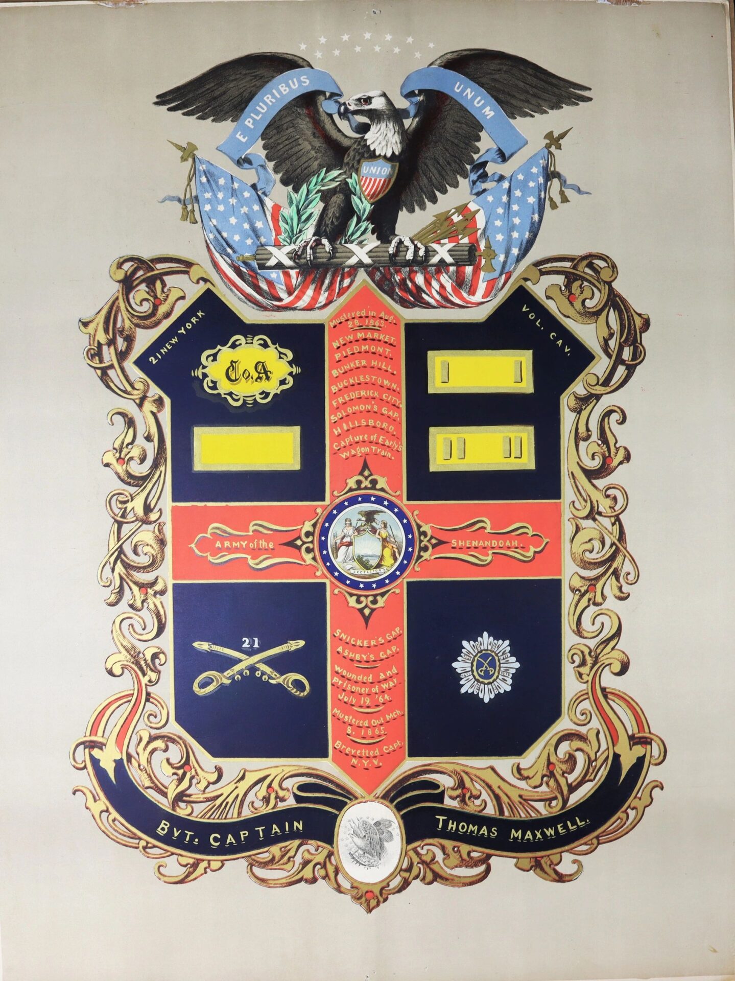 The Officer's Escutcheon 21st New York Cavalry features an ornate coat of arms with an eagle, crossed flags, military symbols, a central seal, scrollwork, and is inscribed “BYT. CAPTAIN THOMAS MAXWELL.”.