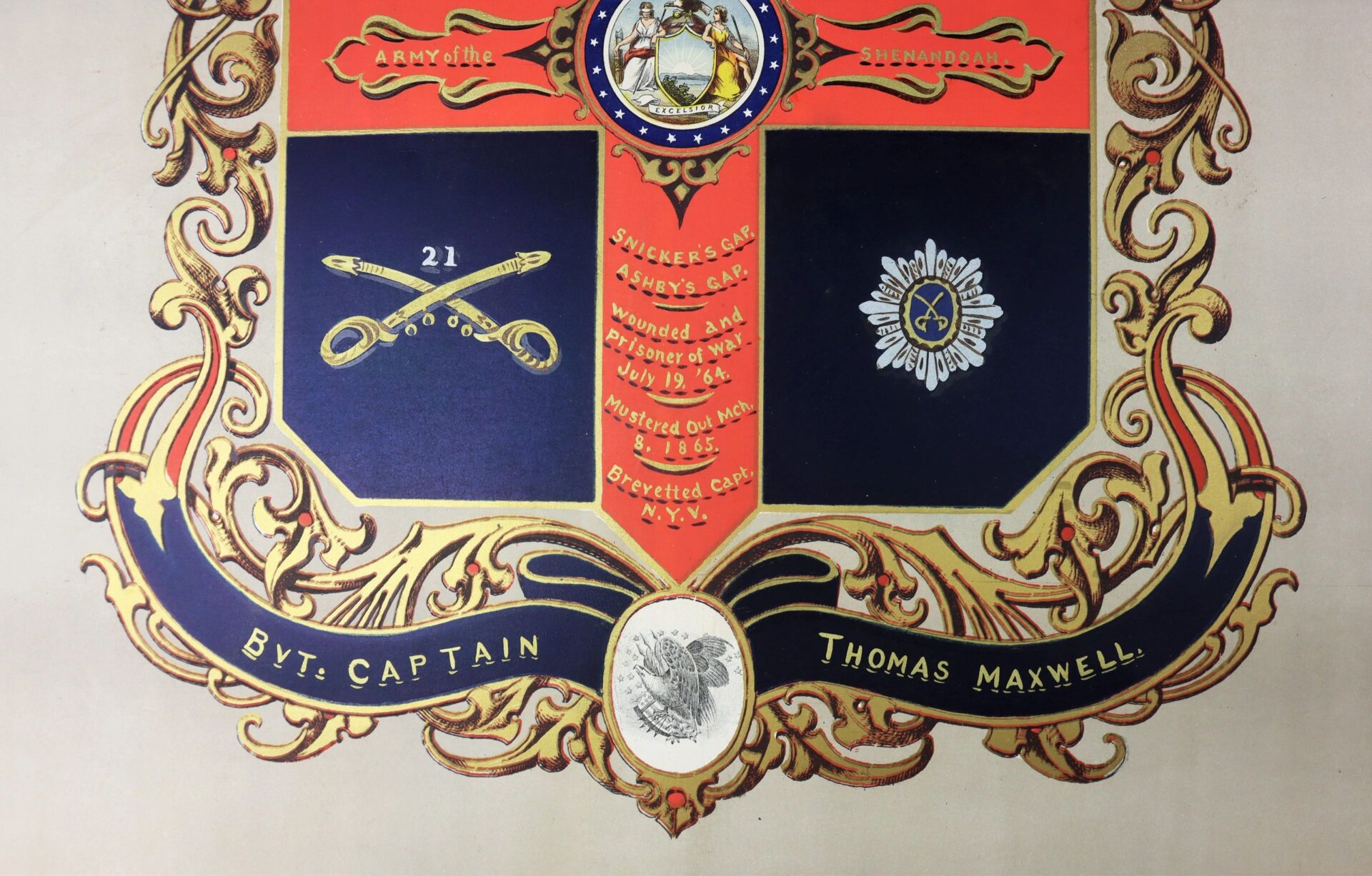 Officer's Escutcheon for the 21st New York Cavalry features a gold filigree crest with crossed sabers, medals, and text honoring Byt. Captain Thomas Maxwell for his Army and Civil War service.