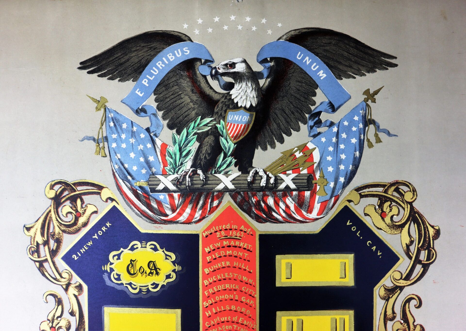 The Officer's Escutcheon 21st New York Cavalry features a bald eagle clutching arrows and an olive branch, a "E Pluribus Unum" banner, and a shield adorned with stars and stripes.