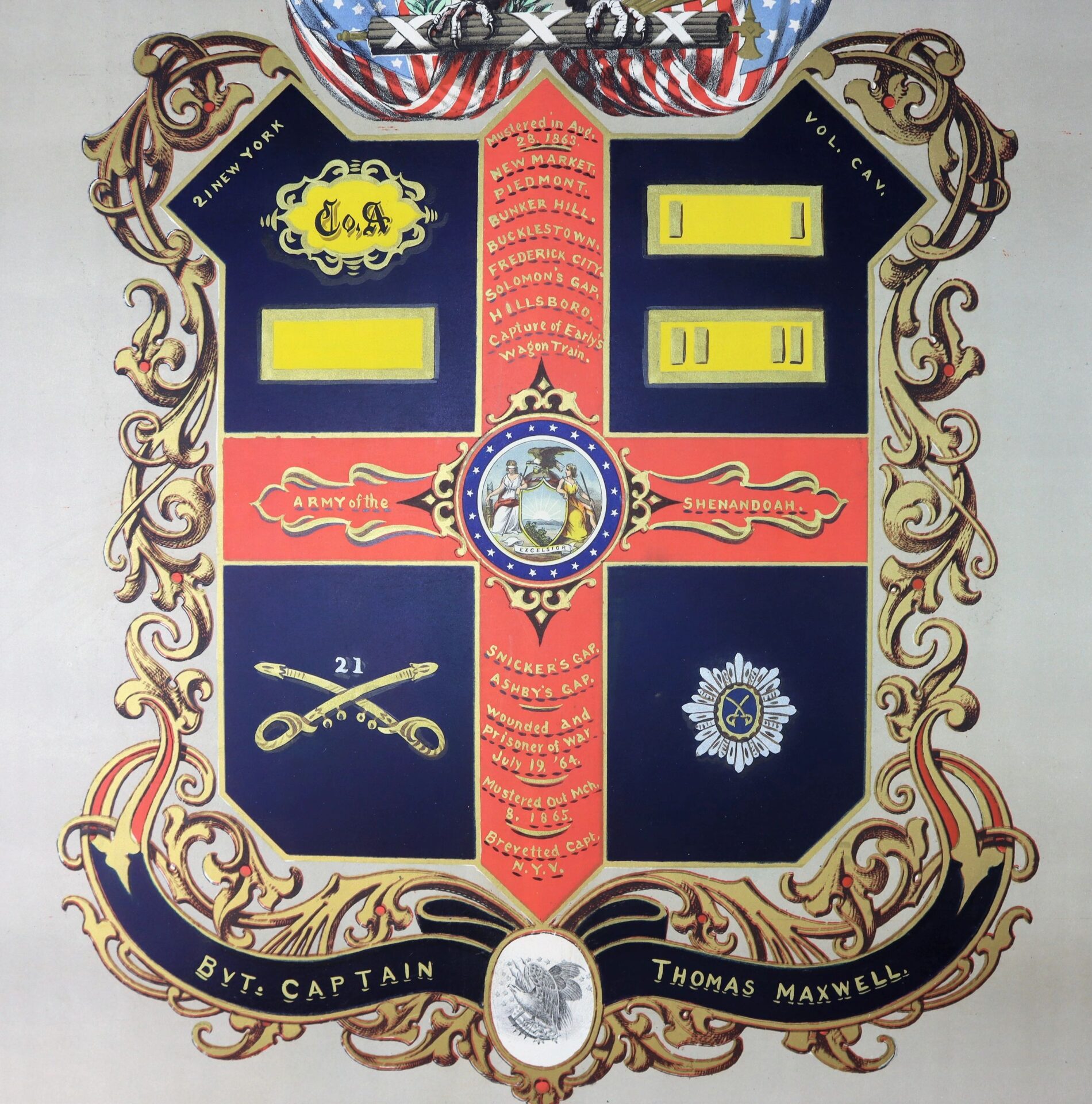 The Officer's Escutcheon 21st New York Cavalry displays a detailed military crest with a quartered shield, symbolic images, regiment names, and Bvt. Captain Thomas Maxwell inscribed at the base.