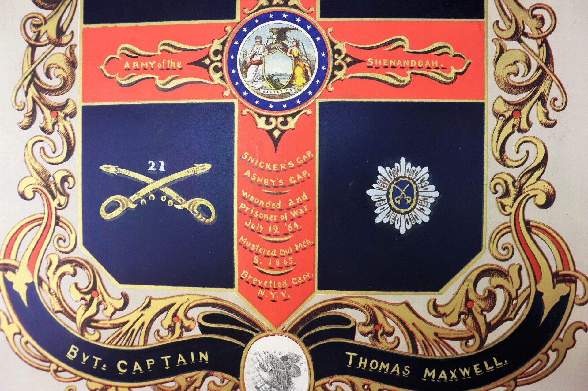 Ornate crest for the 21st New York Cavalry Officer's Escutcheon, featuring "Army of the Shenandoah," crossed swords, a medal, and the name "Bvt. Captain Thomas Maxwell.