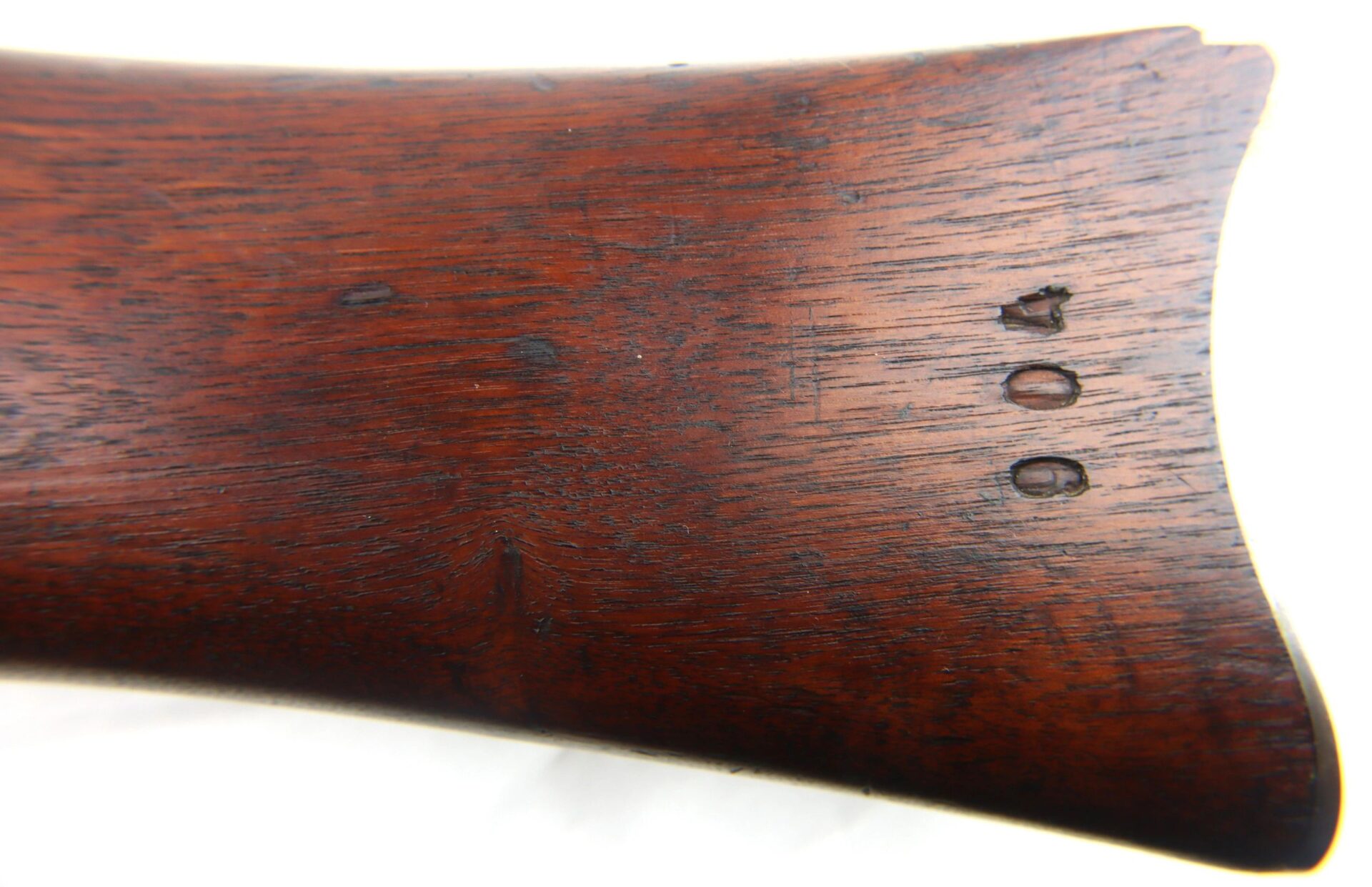 Close-up of a U.S. Model 1861 Special Colt Contract Rifle Musket (dated 1864 / SLD) showing the number "906" stamped into the wooden stock near the buttplate.