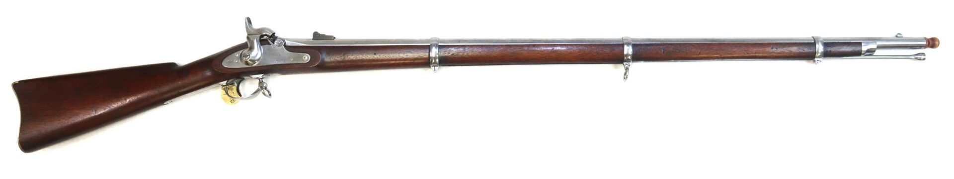 The U.S. Model 1861 Special Colt Contract Rifle Musket (dated 1864 / SLD) features a wooden stock, metal barrel, and three barrel bands, shown in side view on a white background.