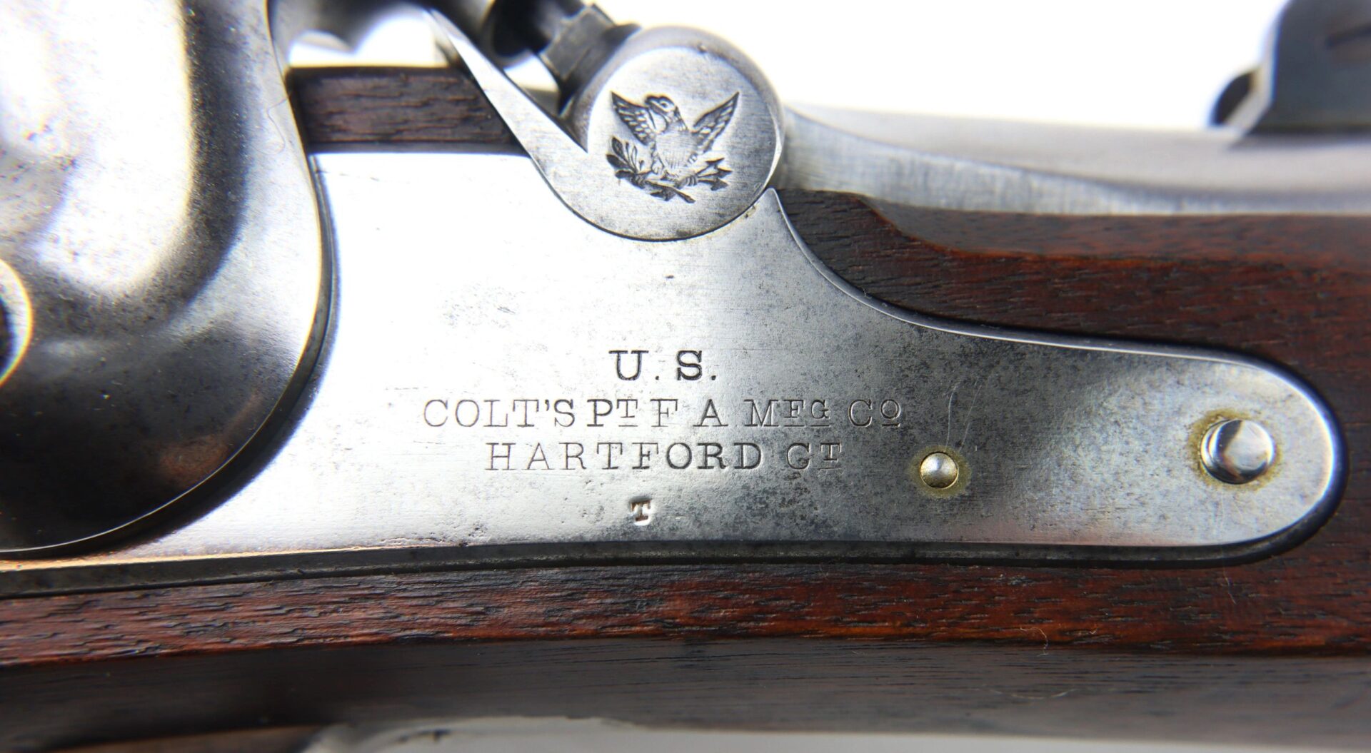 Close-up of a metal plate engraved with "U.S. COLT'S PT. F. A. MFG. CO. HARTFORD CT" and an eagle, attached to the wooden stock of a U.S. Model 1861 Special Colt Contract Rifle Musket dated 1864 (SLD).