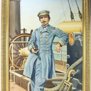 An original oil painting of Raphael Semmes in a blue naval uniform and cap, standing on a ship’s deck with one hand on the wheel and the other holding a telescope.