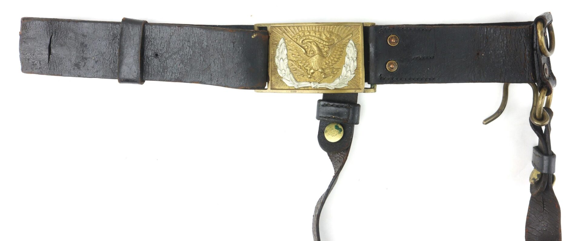 The Model 1851 Saber Belt is a black leather belt with a brass buckle featuring an eagle and white laurel wreath, plus metal rivets and attached straps.