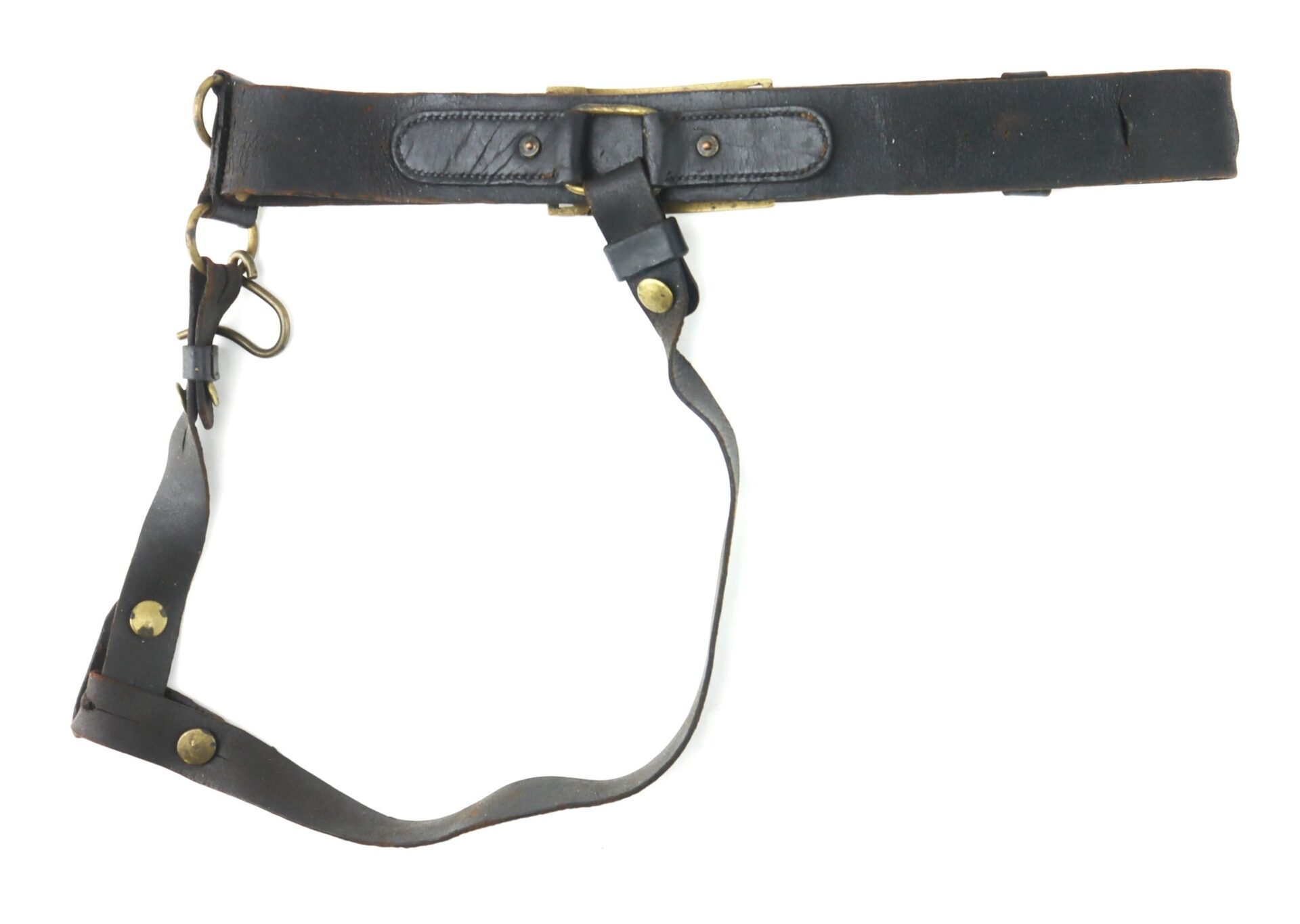 The Model 1851 Saber Belt is a black leather belt featuring brass hardware and an adjustable strap, designed for military or utility use.