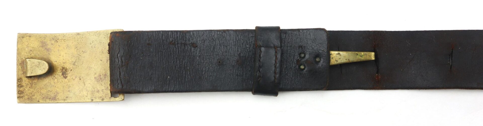 The Model 1851 Saber Belt is a worn black leather belt with a brass buckle and prong, displayed flat on a white background.