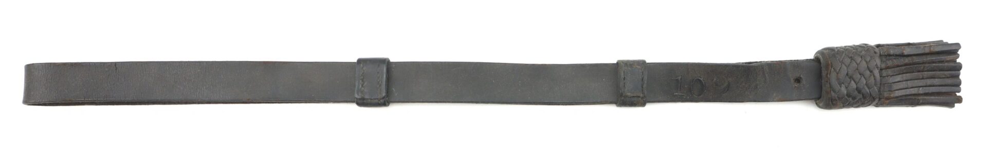 The Civil War Saber Knot features a black leather strap with a wide band and braided end, finishing in several thin leather strips.