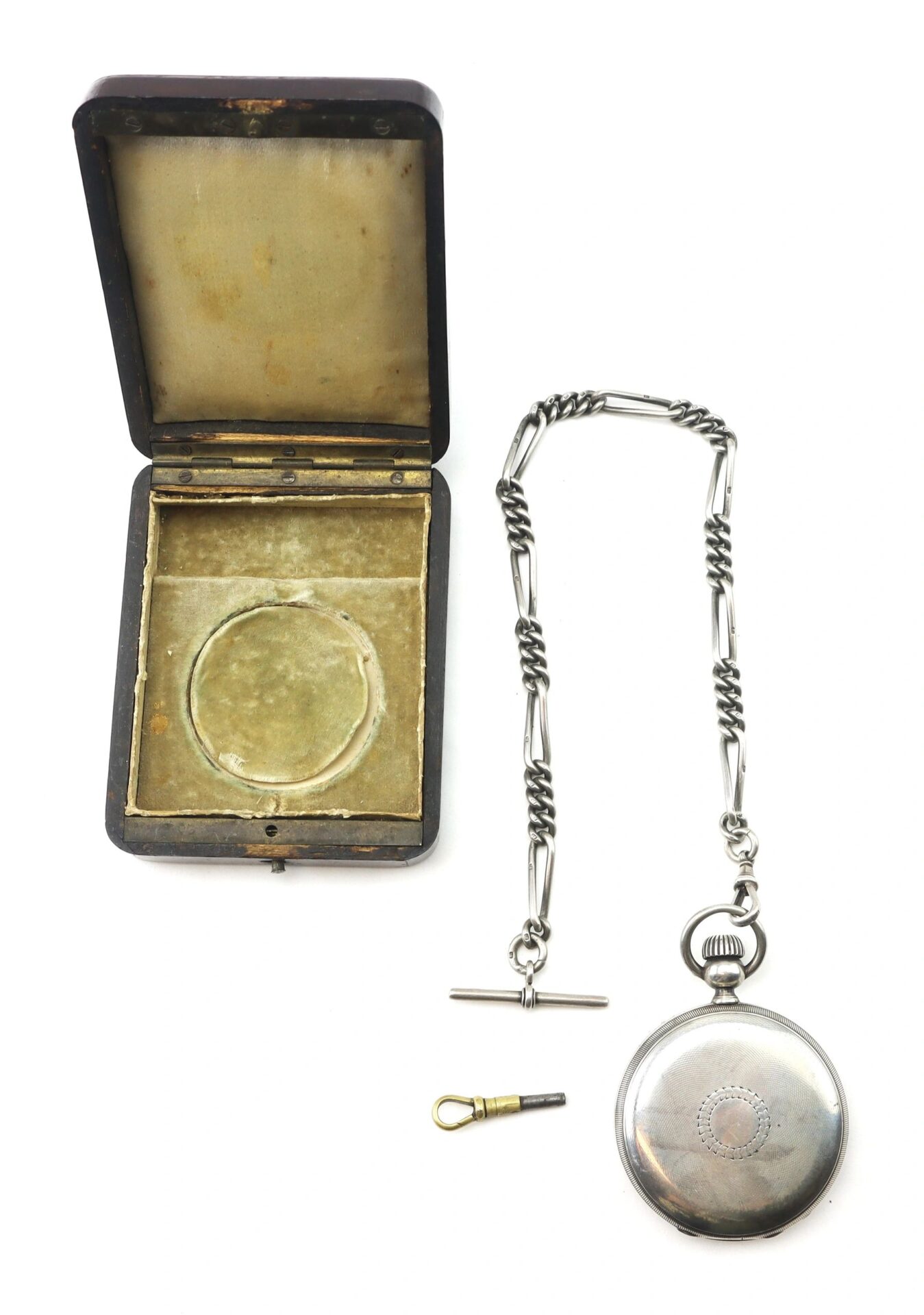 The Silver Presentation “Life Saving” Watch is a closed silver pocket watch with a chain, winding key, and an open vintage storage box featuring a velvet interior.