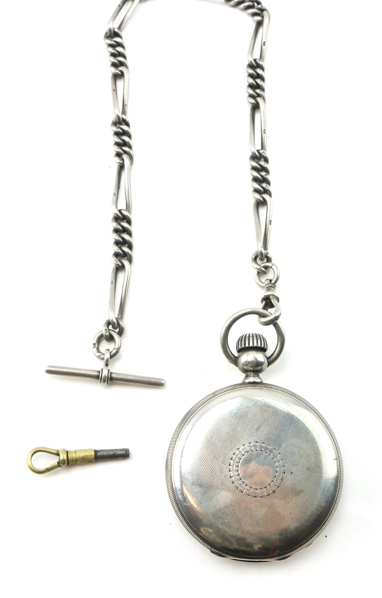 The Silver Presentation “Life Saving” Watch, featuring a decorative chain and winding key, is displayed on a white background.