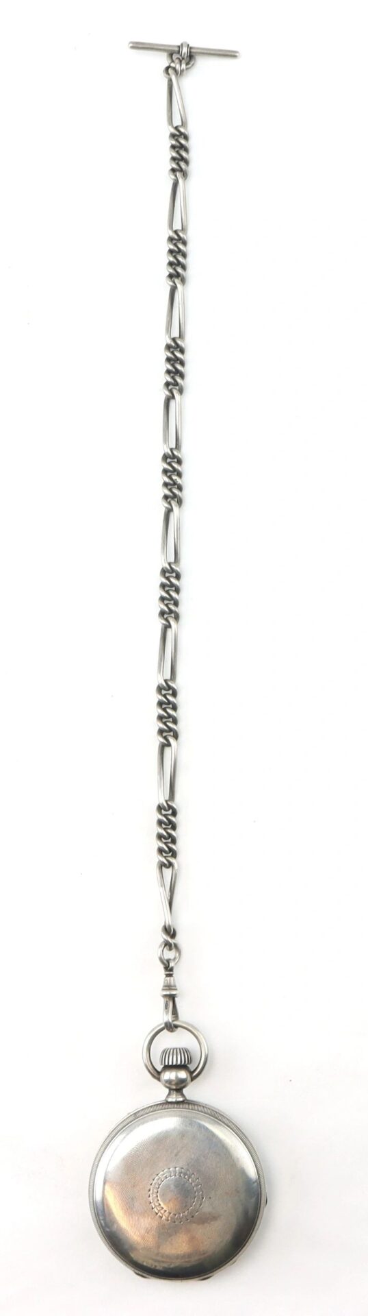 The Silver Presentation “Life Saving” Watch, featuring an attached decorative chain and T-bar, is displayed vertically against a white background.