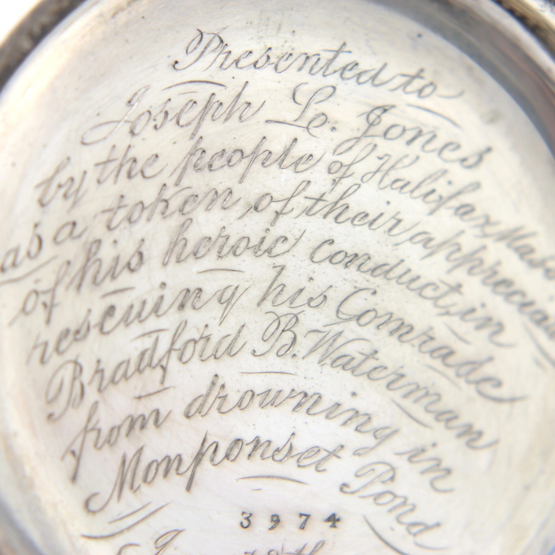 The Silver Presentation “Life Saving” Watch is engraved: "Presented to Joseph L. Jones by the people of Halifax, Mass. for rescuing his comrade Bradford B. Waterman from drowning in Monponset Pond.