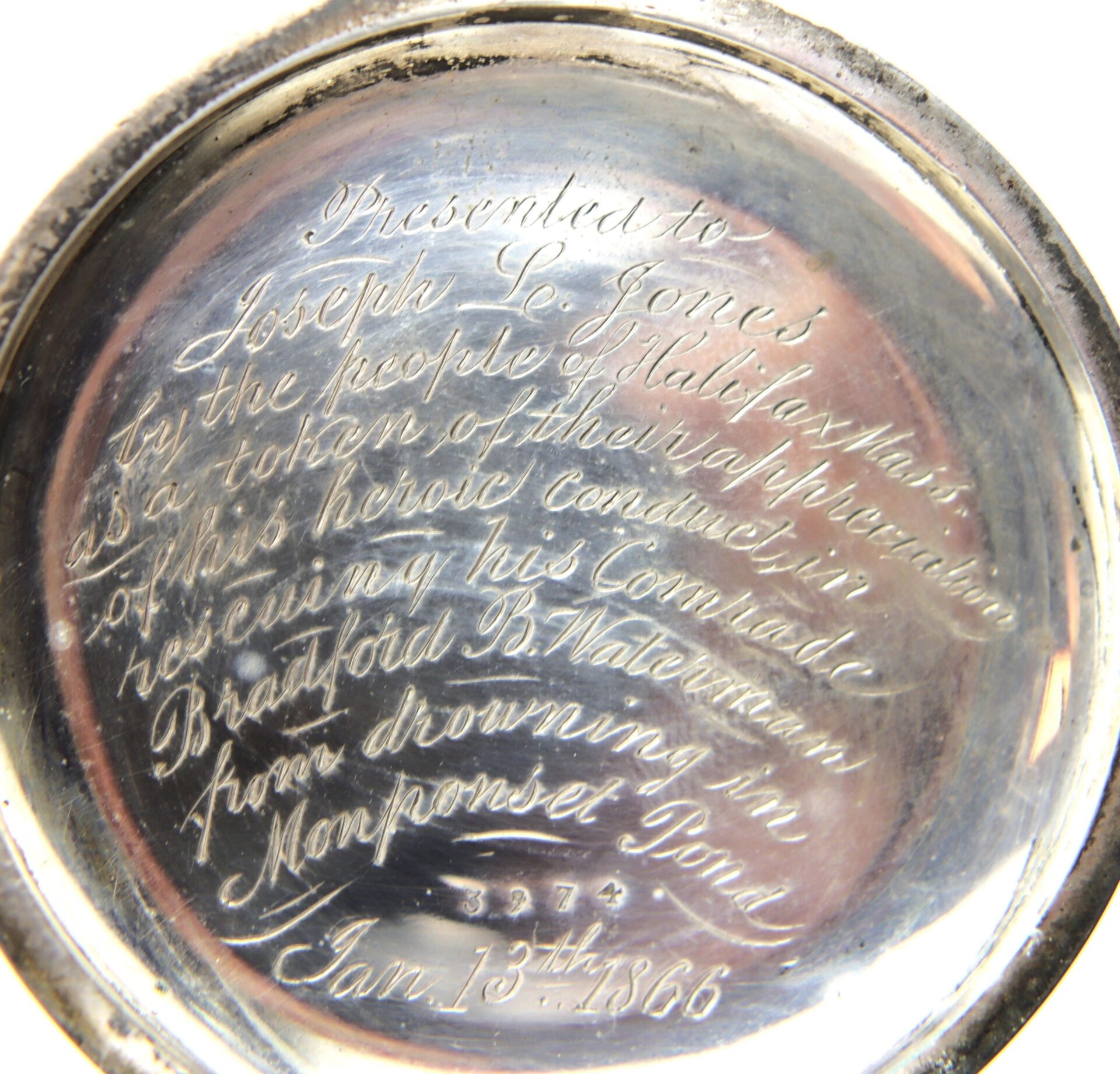Silver Presentation “Life Saving” Watch awarded to Joseph S. Jones for heroic conduct in rescuing Bradford B. Waterman from drowning, dated January 13, 1866.