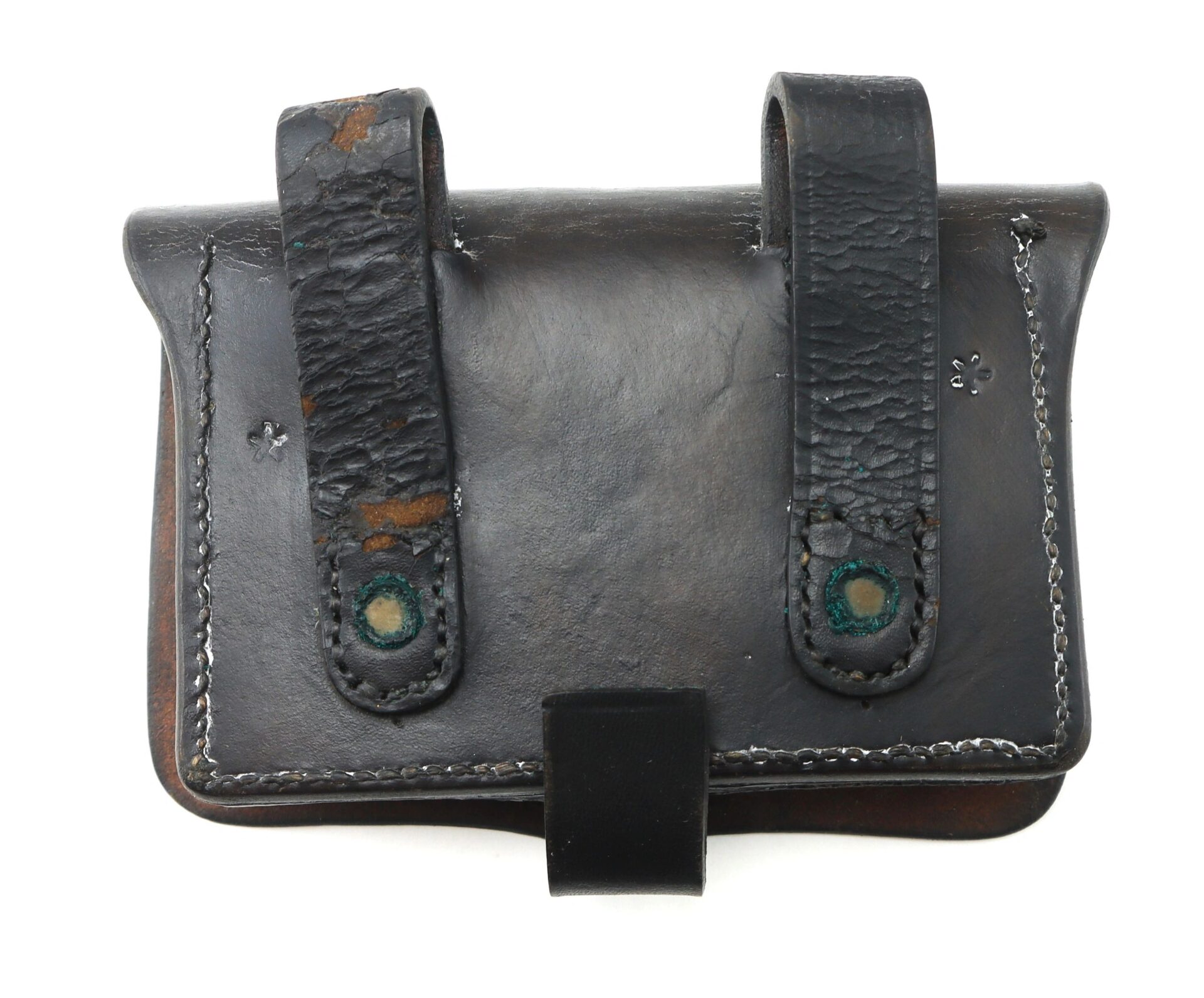 A well-used black leather Pistol Cartridge Box with two belt loops and visible stitching, showing signs of age.