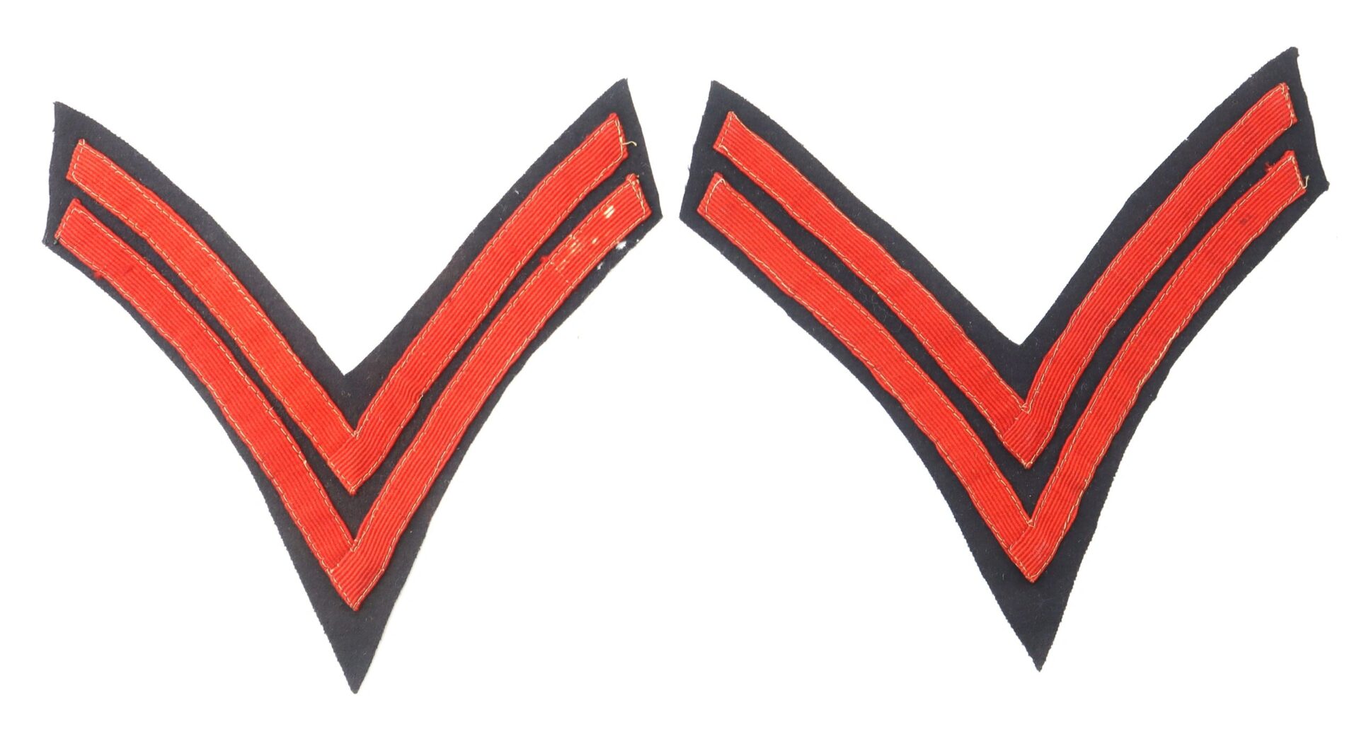 Two Original Civil War Federal Regulation Chevrons Artillery Corporal patches—black with red double stripes, points downward—shown side by side on a white background.