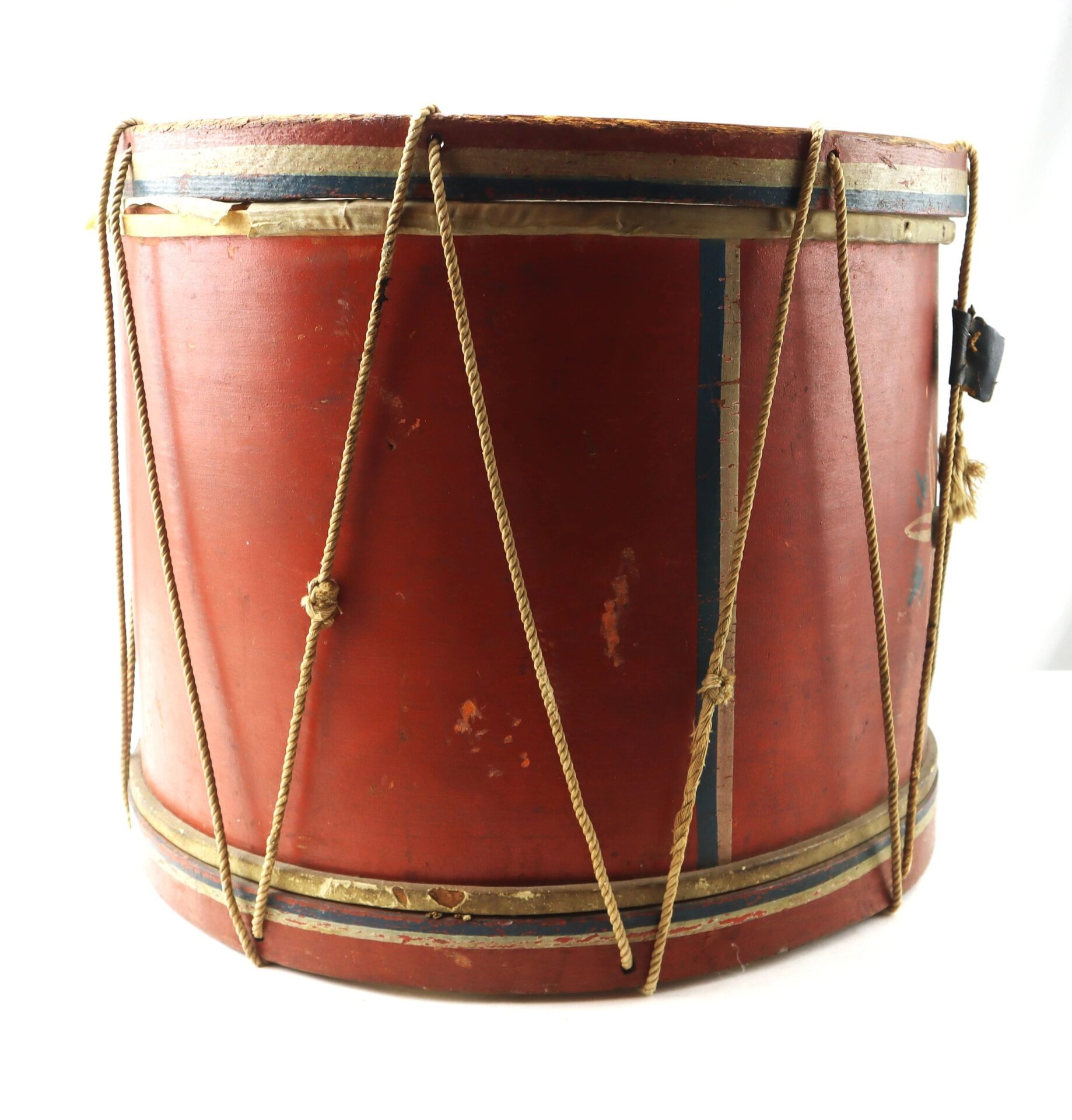 A Civil War Painted Drum featuring red wood, rope tensioning, and worn blue and gold accents, pictured on a white background.