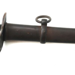 The Sheble & Fisher Model 1840 Cavalry Saber features a wrapped handle, protective guard, and is partially sheathed in a dark scabbard with two metal rings for attachment.