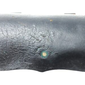 A Cavalry Carbine Cartridge Box made of worn black leather with a textured surface and a greenish metal rivet, photographed against a white background.
