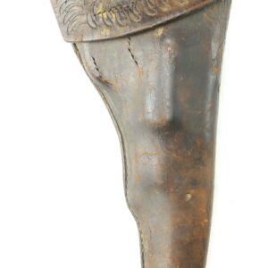 A Decorative Colt Navy Holster made of worn brown leather features a textured flap cover and visible creases, displayed against a white background.
