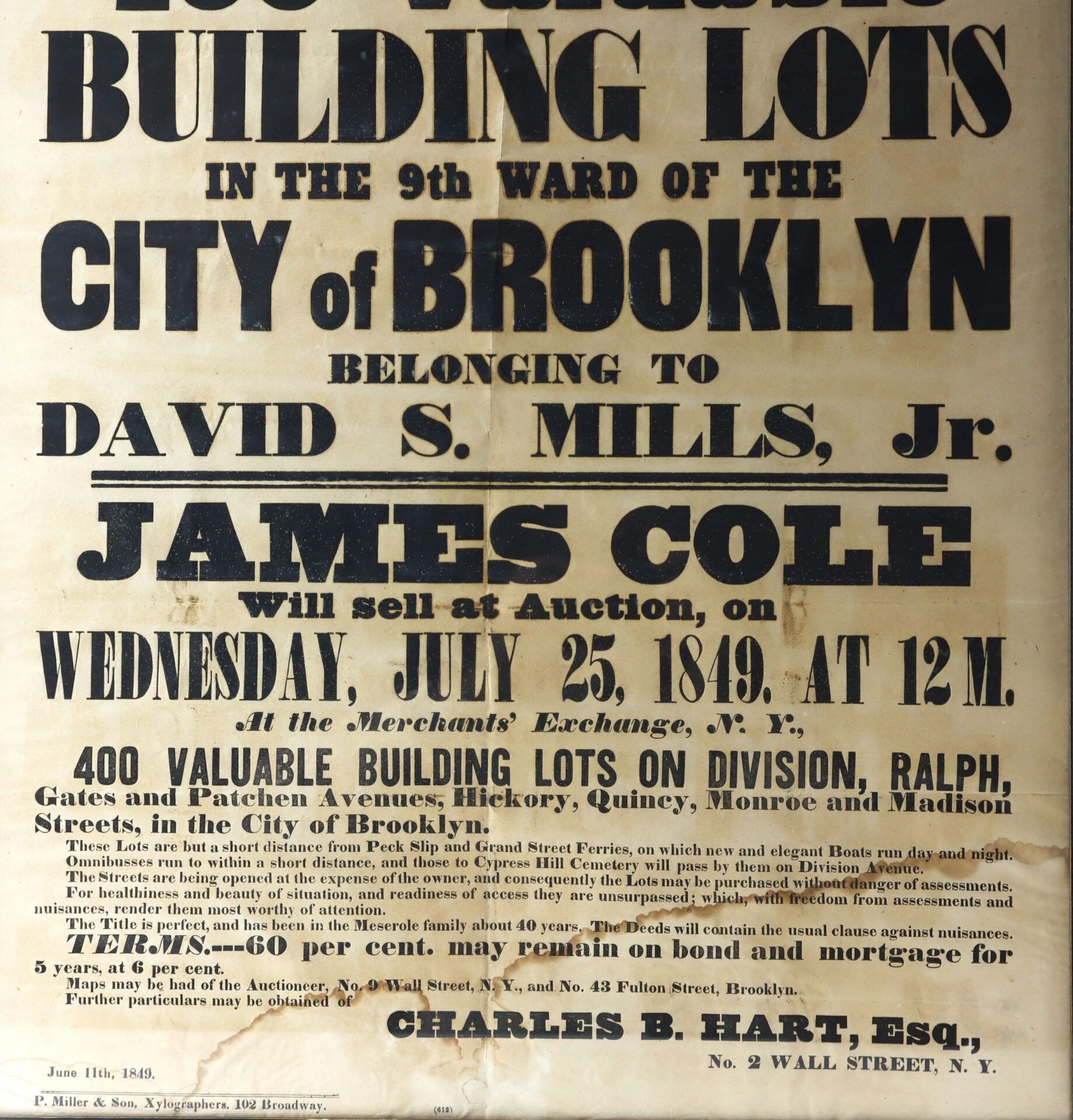 Rare Early City of Brooklyn Auction Broadside from 1849 advertises 400 building lots in Brooklyn’s 9th Ward, listing date, time, street names, and auctioneer.