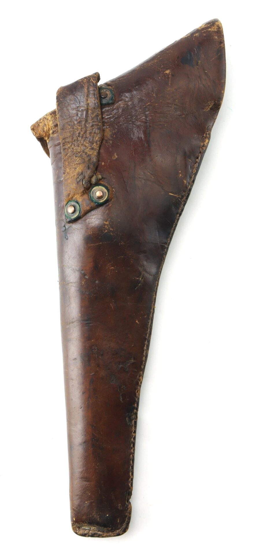 A Wonderful “Rose of Texas” Holster made of worn brown leather with a snap closure strap, showing signs of age and use.