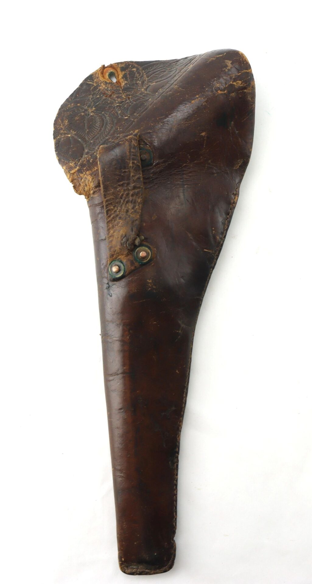 The Wonderful “Rose of Texas” Holster is a worn brown leather gun holster with visible stitching and metal rivets, shown against a white background.