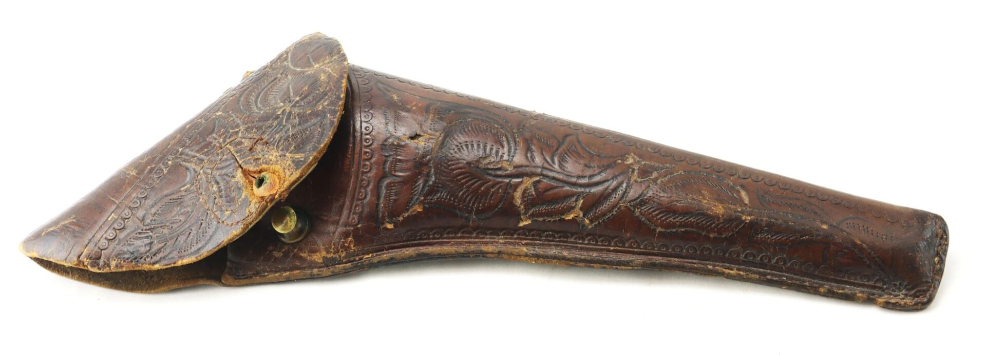 The Wonderful “Rose of Texas” Holster is a worn, brown leather holster with decorative embossing and a flap secured by a brass button.