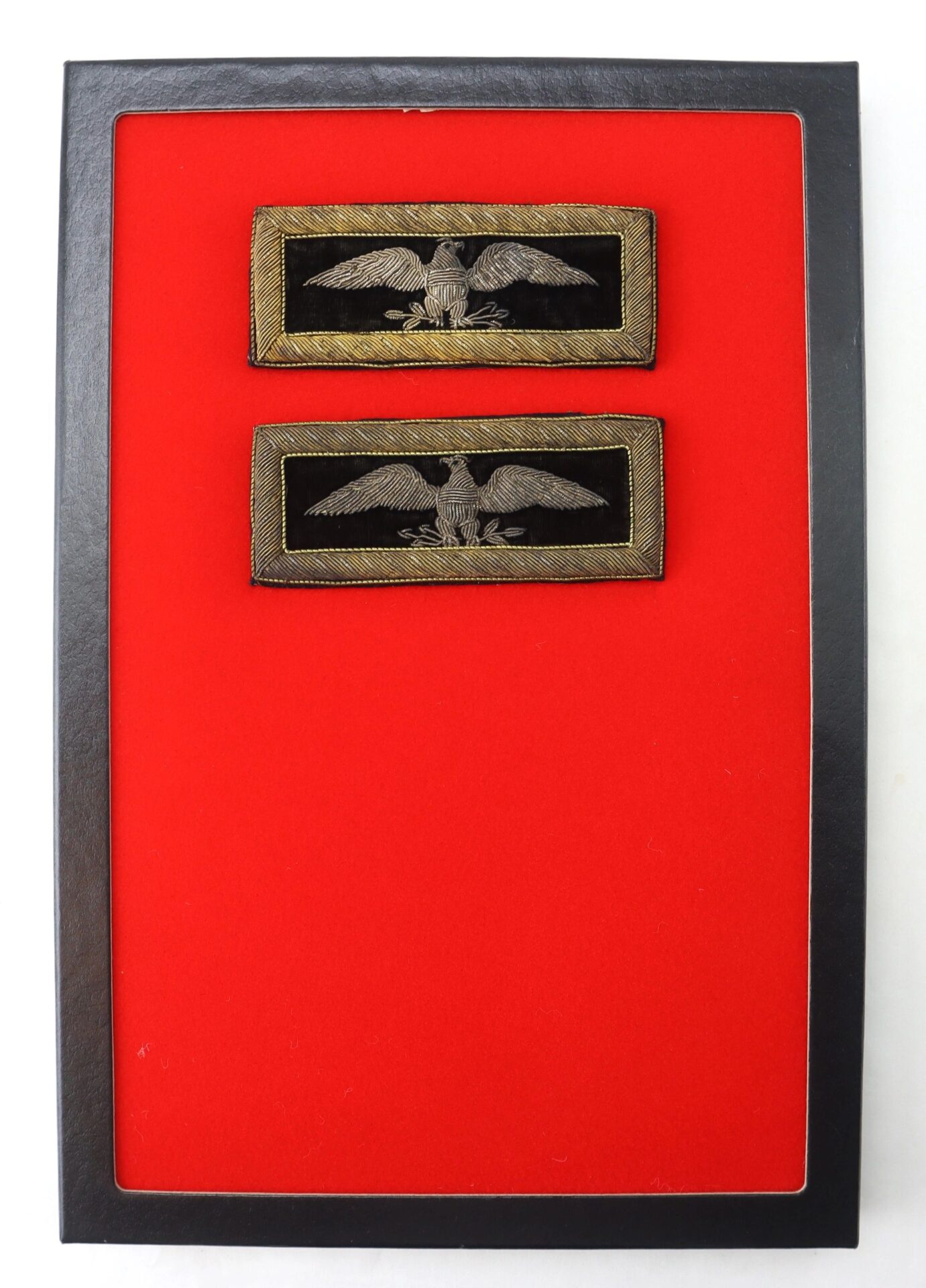 The Colonel of Staff Shoulder Bars are two military rank insignia patches with a silver eagle design on a red background, set within a black frame.