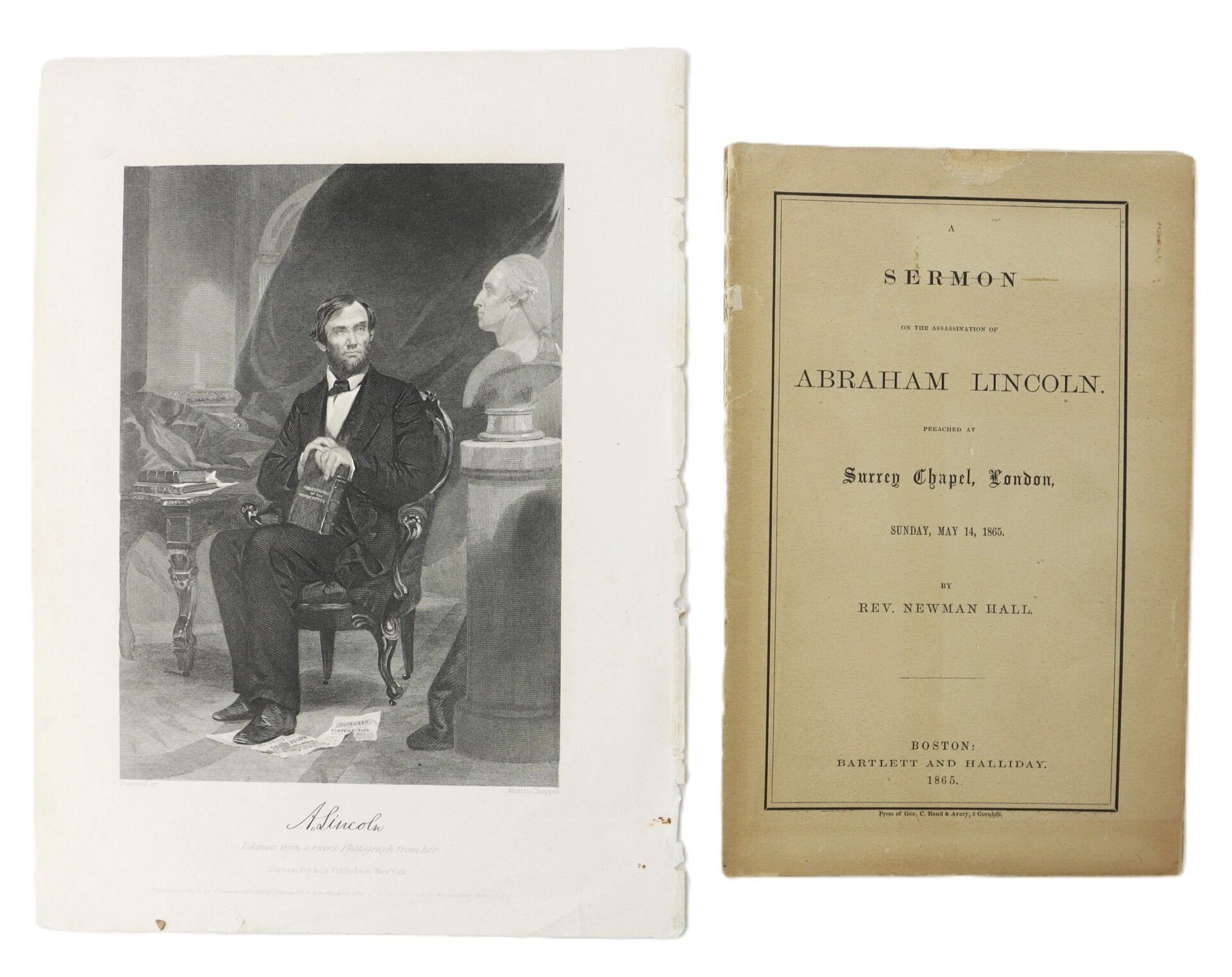 An engraving of Abraham Lincoln seated by a statue, and the booklet "Sermon on the Assassination of Abraham Lincoln" (SOLD).