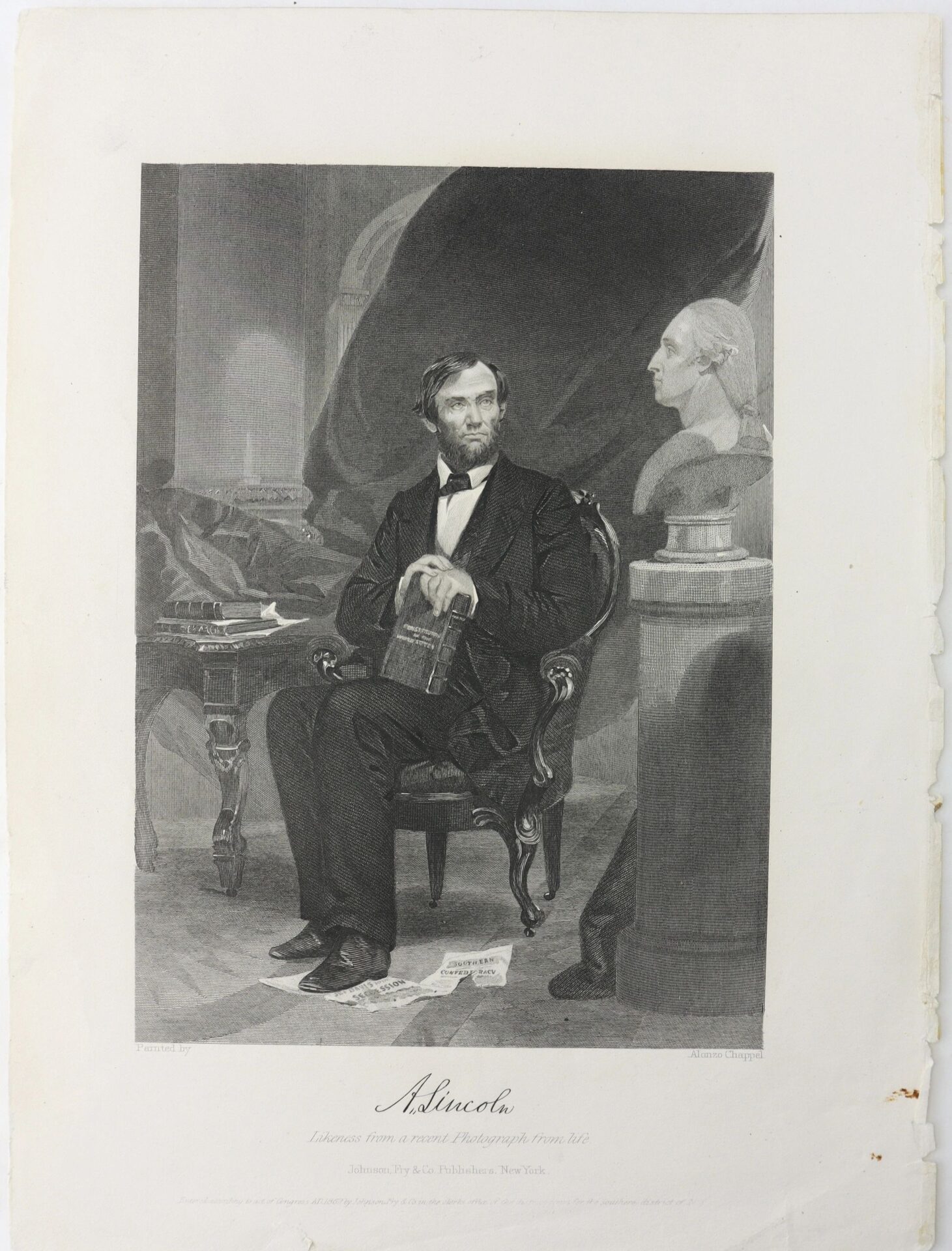A bearded man in formal attire sits in a chair, holding the book "Sermon on the Assassination of Abraham Lincoln" (SOLD), with a statue bust and desk in the background.