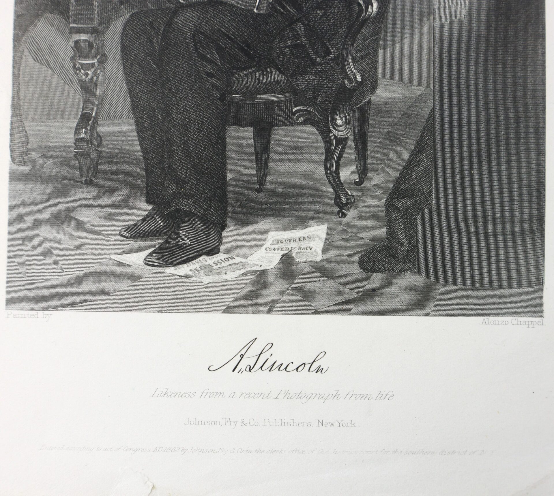 In "Sermon on the Assassination of Abraham Lincoln / SOLD," Lincoln sits with legs crossed, torn papers marked "Constitution" and "Union" scattered at his feet.