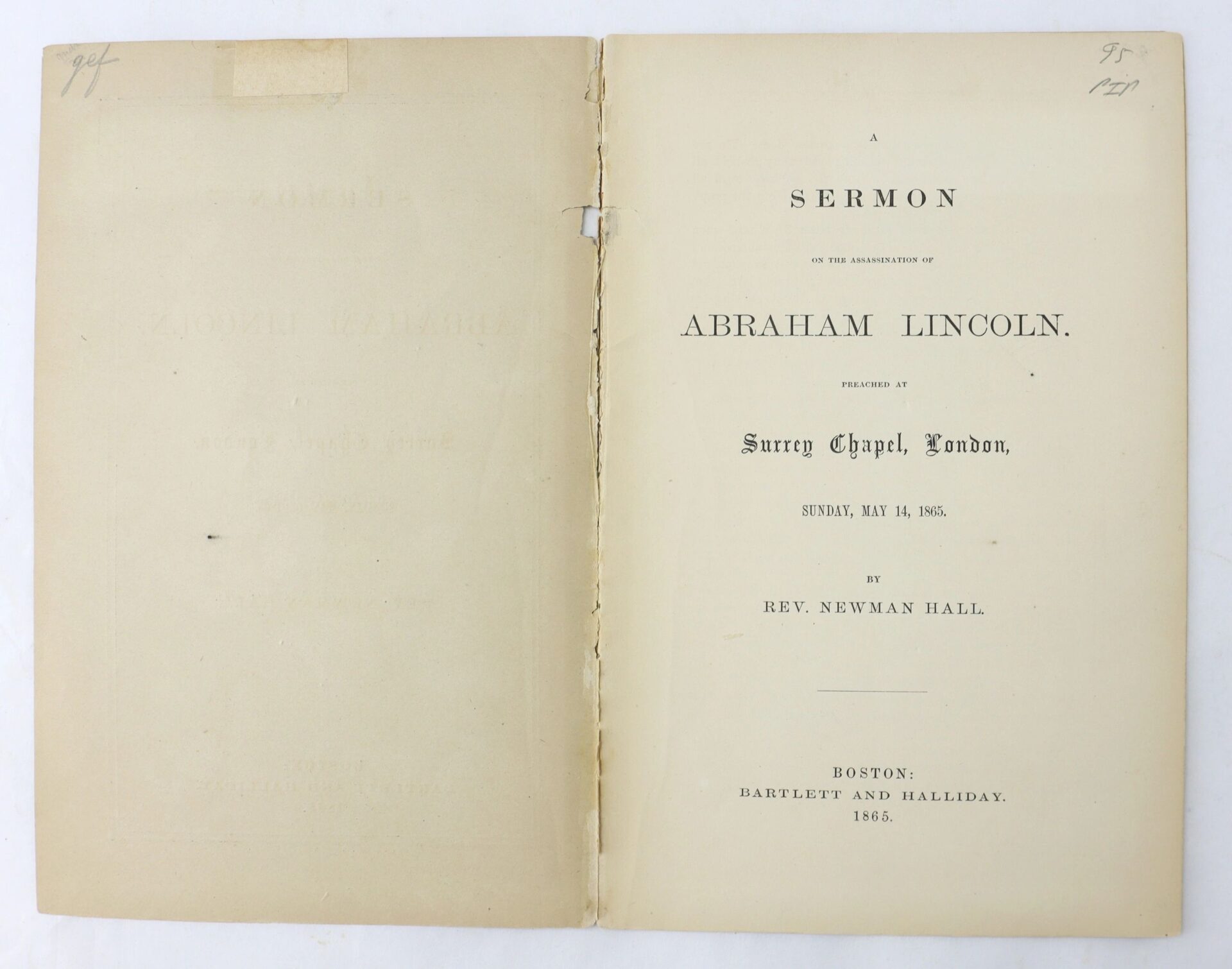 Open book displaying title page of "Sermon on the Assassination of Abraham Lincoln / SOLD," printed in Boston, 1865.