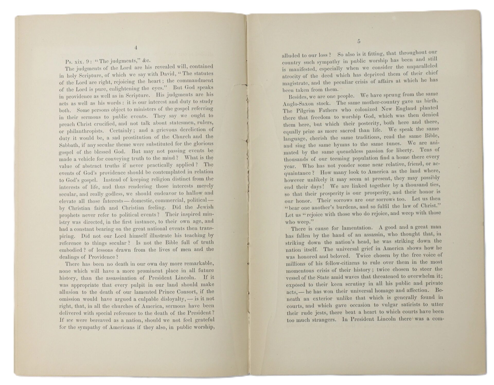 An open book titled "Sermon on the Assassination of Abraham Lincoln / SOLD" displays cream-colored pages 4 and 5, printed with black English text in a serif font. No images or illustrations are visible.