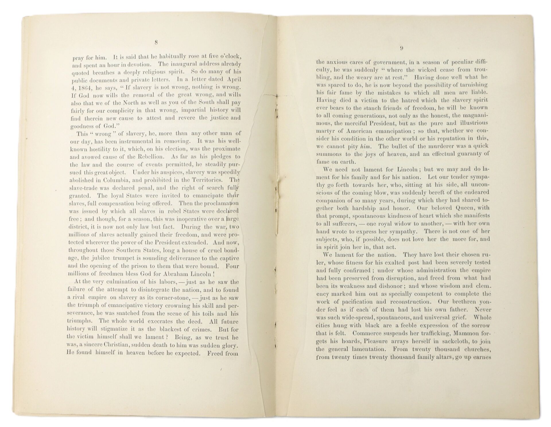 An open book titled "Sermon on the Assassination of Abraham Lincoln / SOLD" displays two pages of printed text on slightly yellowed paper, with a visible crease along the center binding and no images or illustrations.
