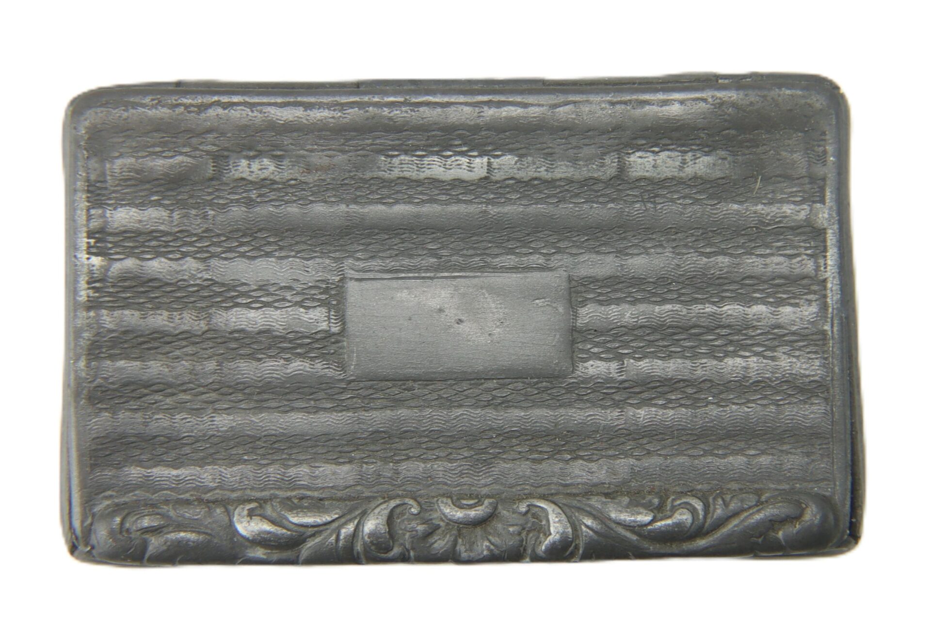 Civil War Snuff Box / SOLD: Rectangular, dark gray vintage box with a textured striped surface, blank central plaque, and ornate floral detailing along the bottom edge.