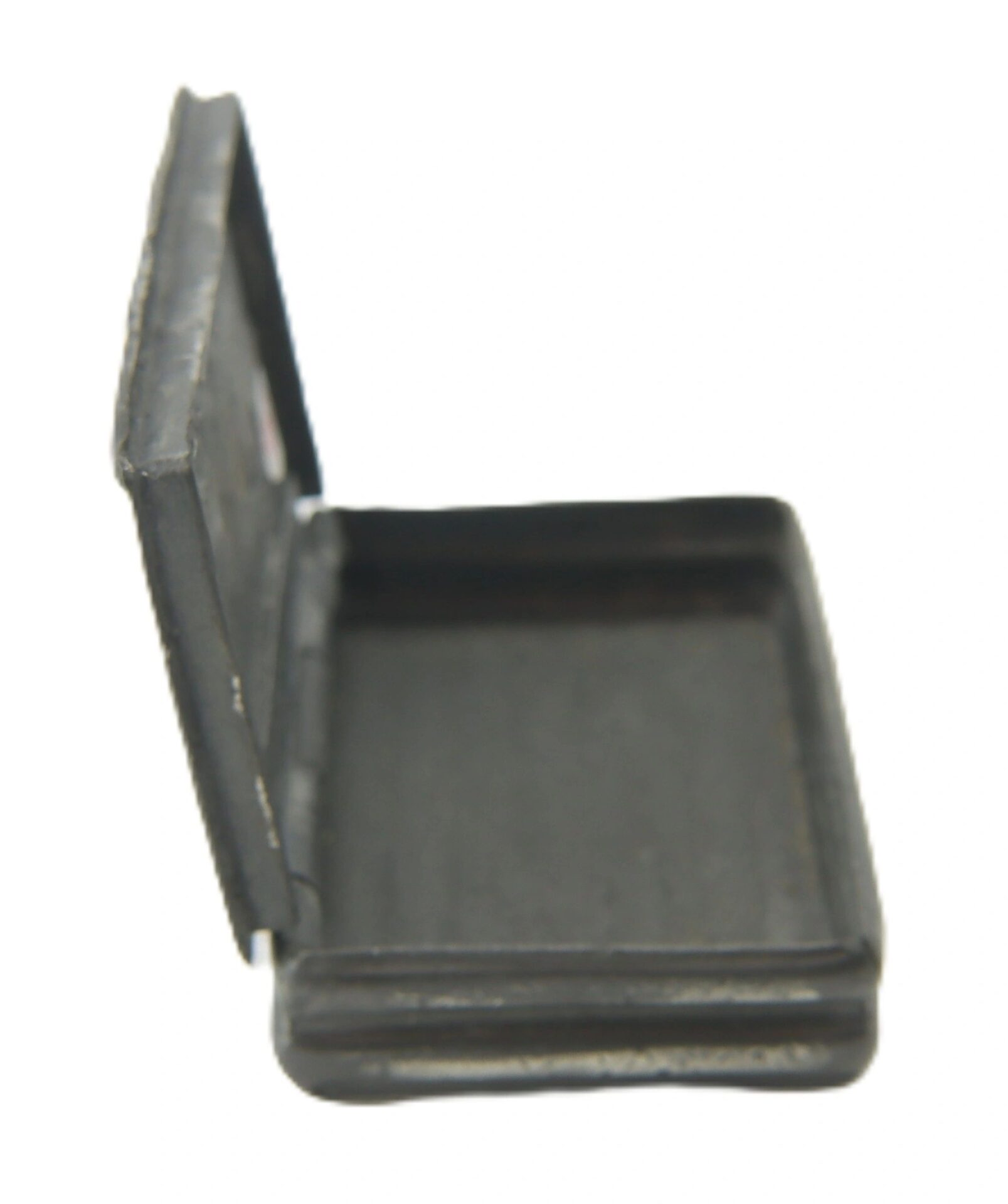A Civil War Snuff Box (SOLD): a small, rectangular, black metal box with a hinged lid, shown open to reveal its empty interior against a white background.
