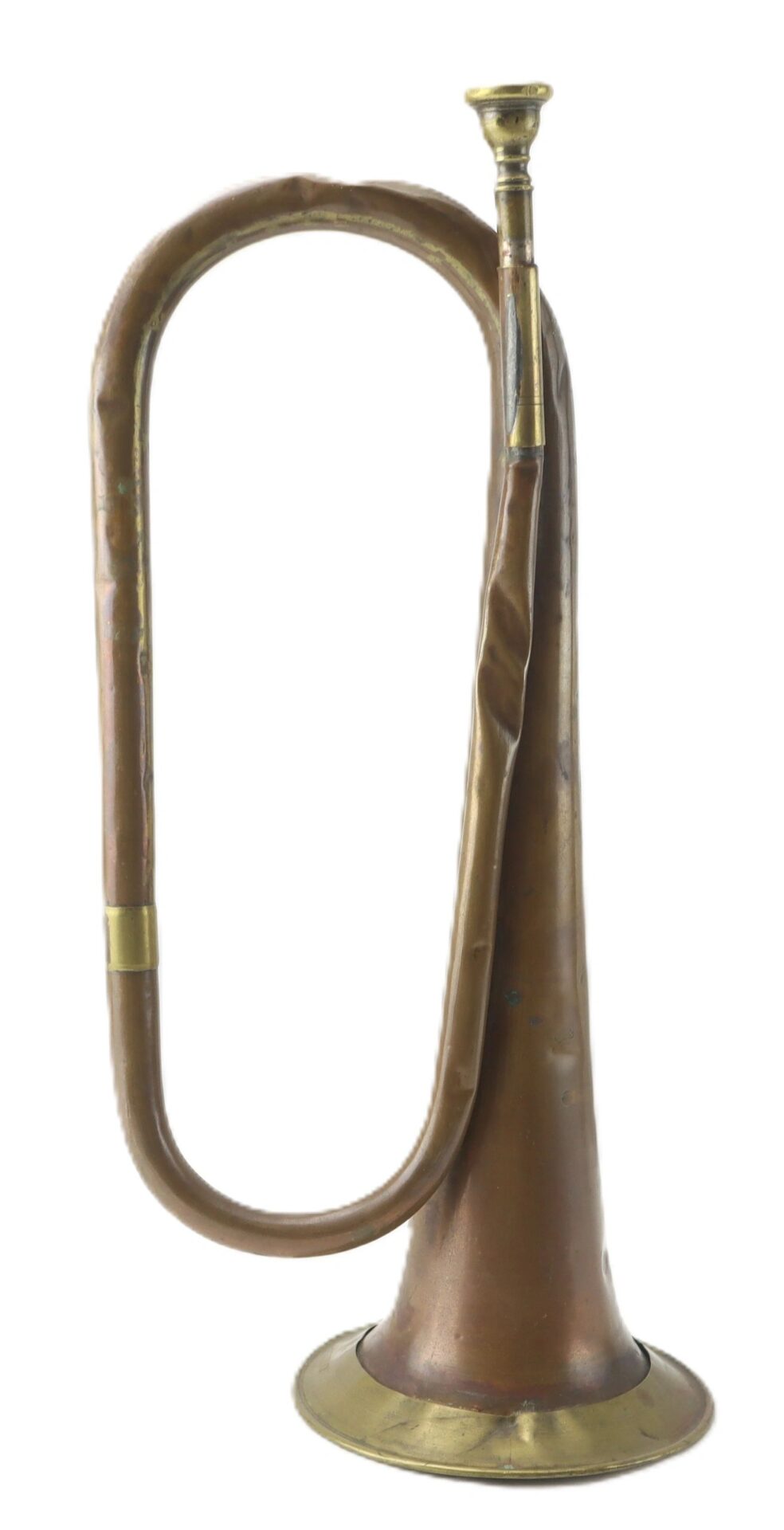 A Civil War Bugle with a simple looped tube, flared bell, and visible dents is shown on a white background. SOLD.