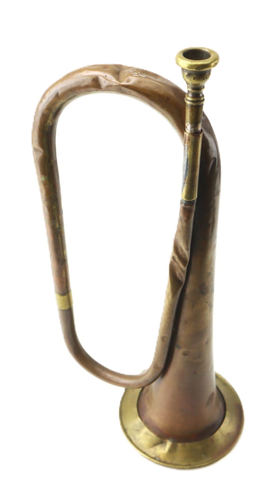 A Civil War Bugle with a curved brass tube and flared bell, shown on a white background. Marked as SOLD.