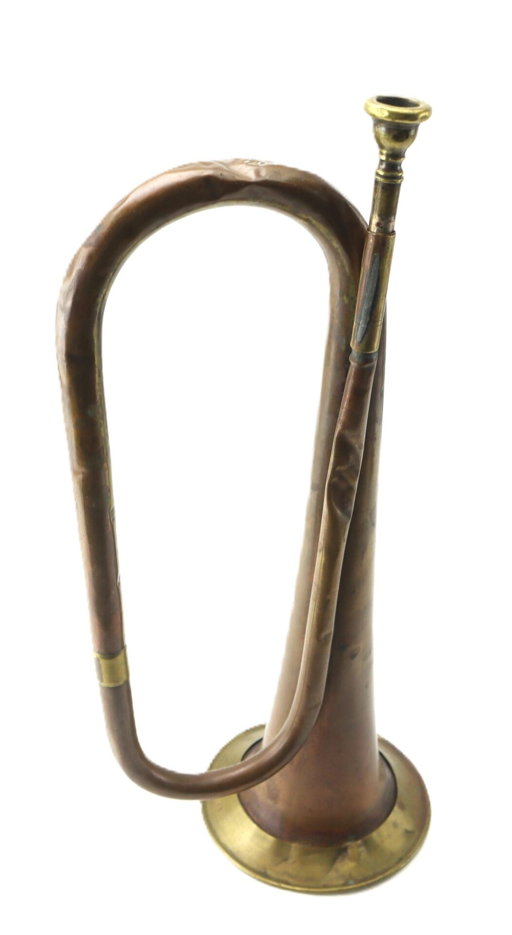 A Civil War Bugle with a curved brass body and flared bell, photographed against a white background.