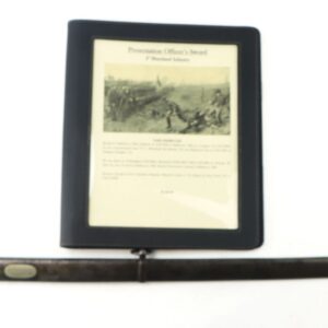 The Presentation Officer’s Sword 4th Maryland Infantry, featuring a brass hilt and metal scabbard, is displayed below a folder with descriptive information.
