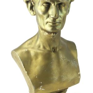 A bronze-tone Vintage Abraham Lincoln Bust featuring wavy hair and a serious expression on a round base, isolated on a white background.