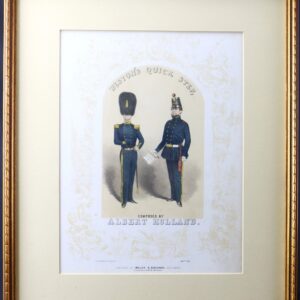 Framed print titled "Weston’s Quick Step" depicts two 19th-century soldiers in uniform; one holds sheet music while the product name appears above and below the figures.