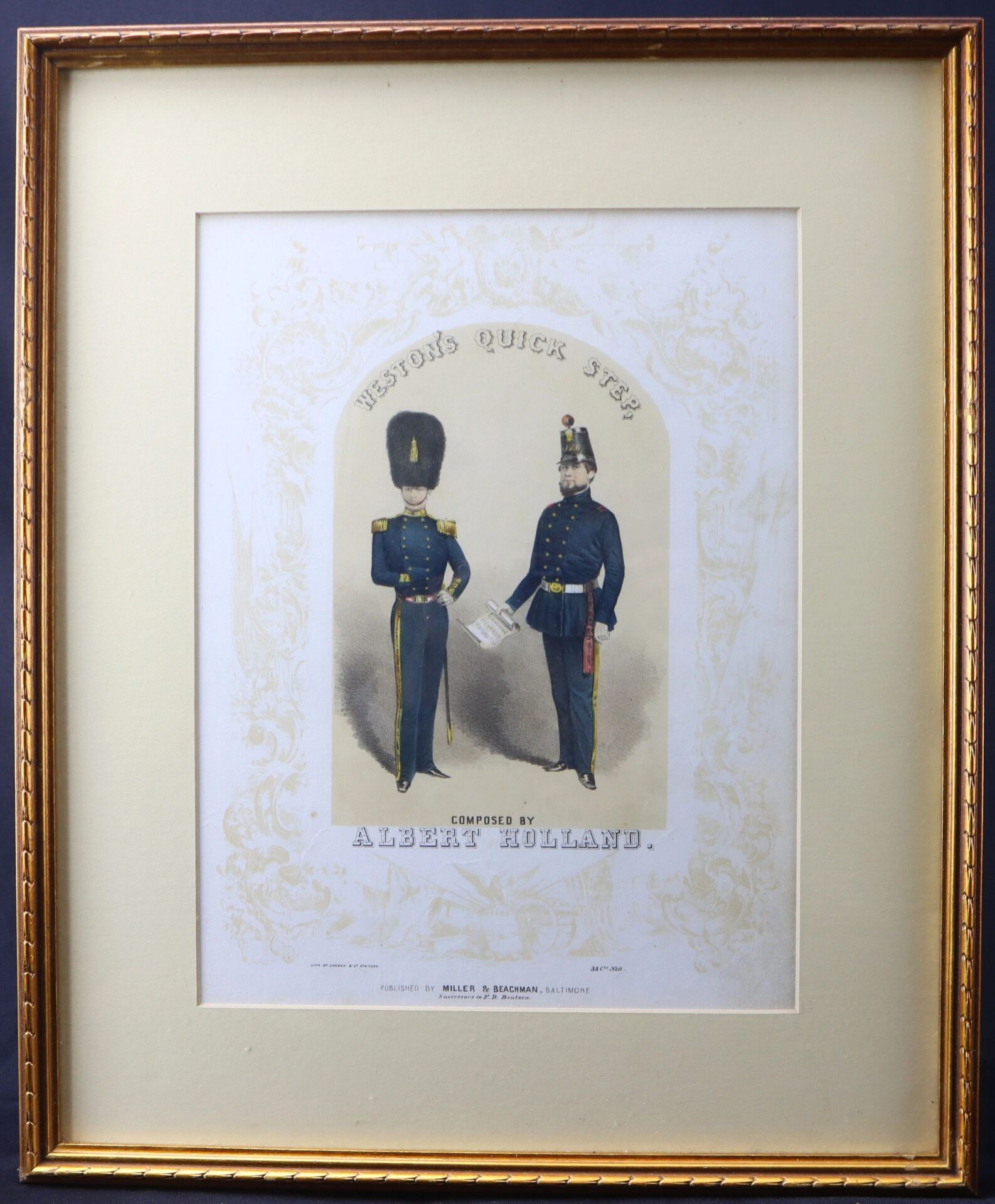 Framed print titled "Weston’s Quick Step" features two uniformed soldiers, one holding sheet music, with composer Albert Holland credited below.