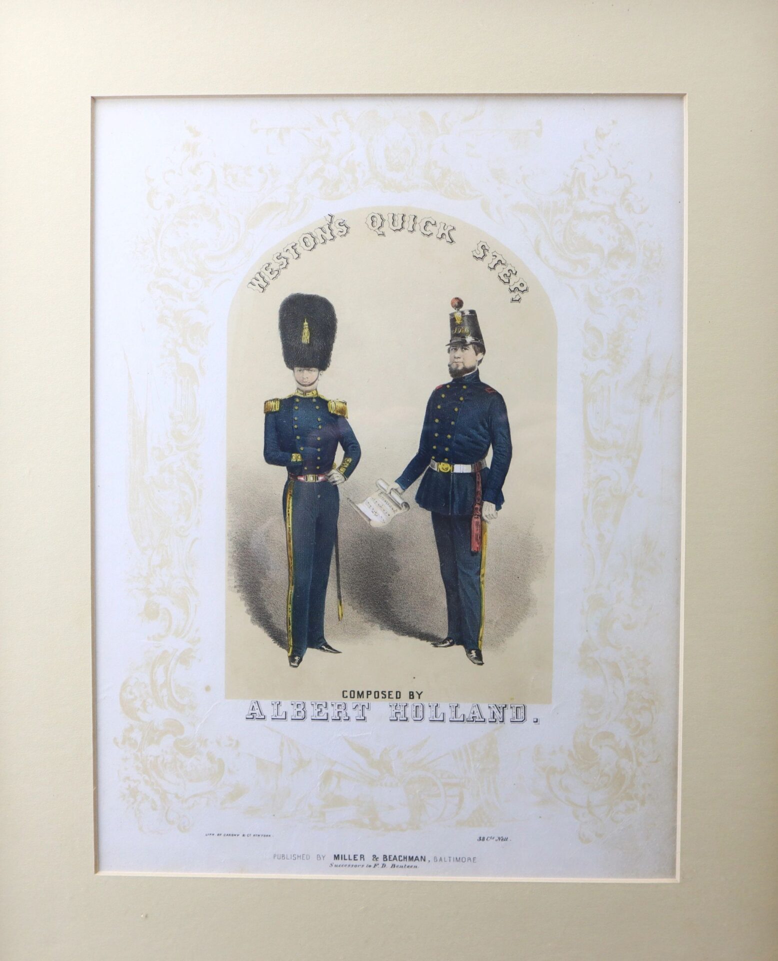 Two men in 19th-century military uniforms stand side by side on the illustrated cover of Weston’s Quick Step.