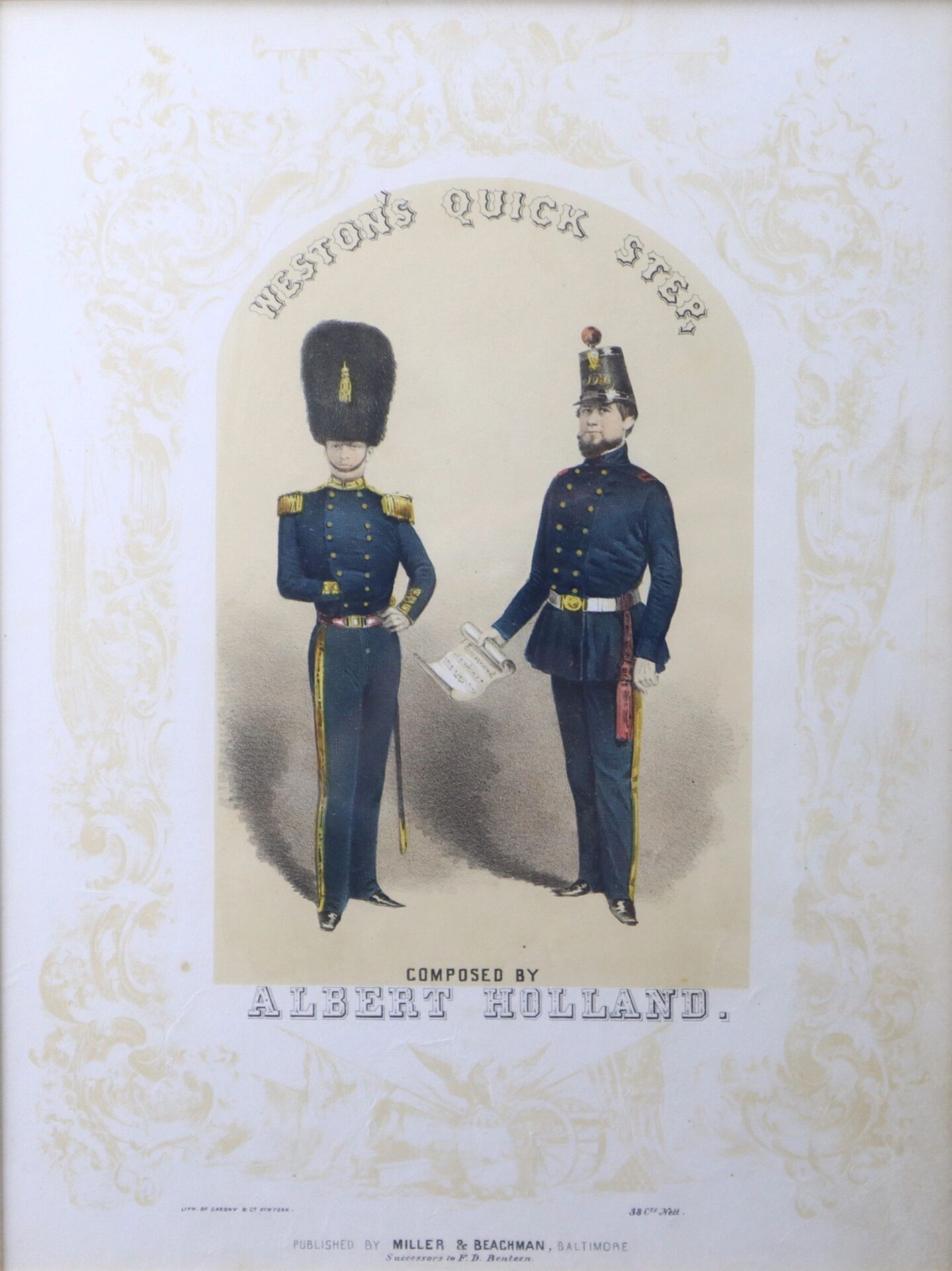 Two uniformed military band members stand side by side, one holding sheet music. Above and below them is the title "Weston’s Quick Step," referencing the product name.