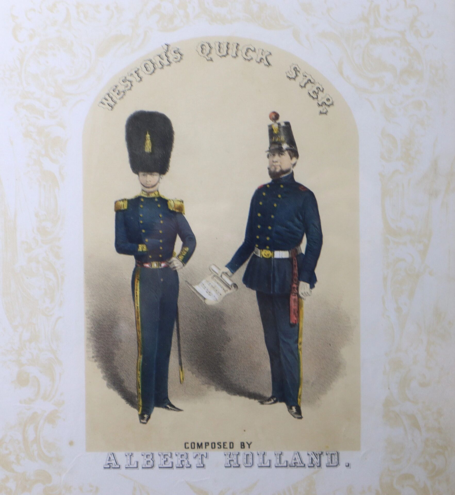 Two men in 19th-century military uniforms stand side by side, one holding a scroll. Text reads: "Weston’s Quick Step.