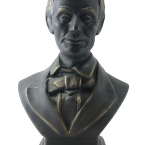 An Abraham Lincoln bust, black in color, depicts him from the chest up in a suit with a bow tie on a rectangular base, set against a white background.