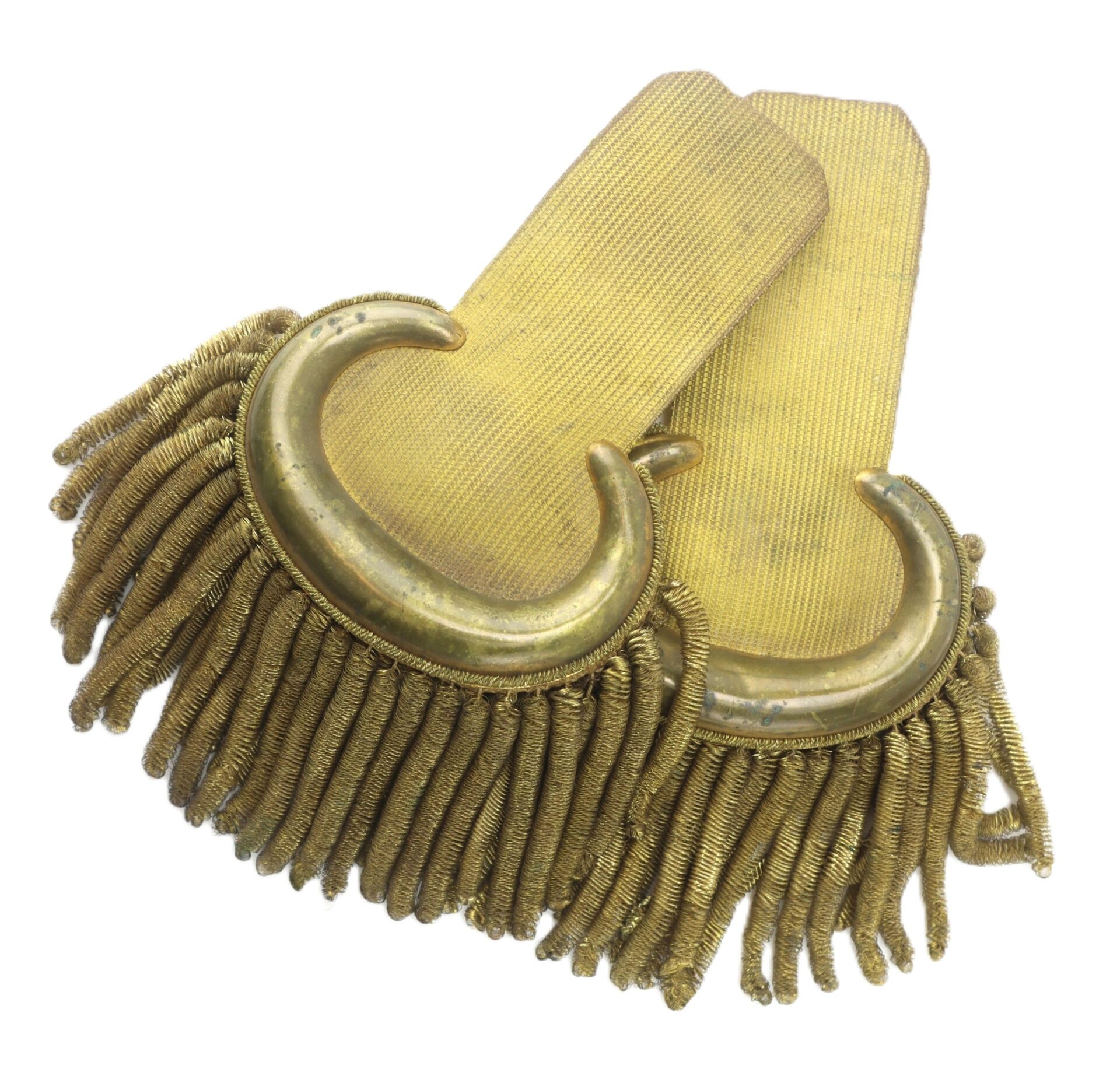 A pair of U.S. Officer’s Bullion Epaulettes with metallic fringe and curved brass ornaments, shown overlapping on a white background.