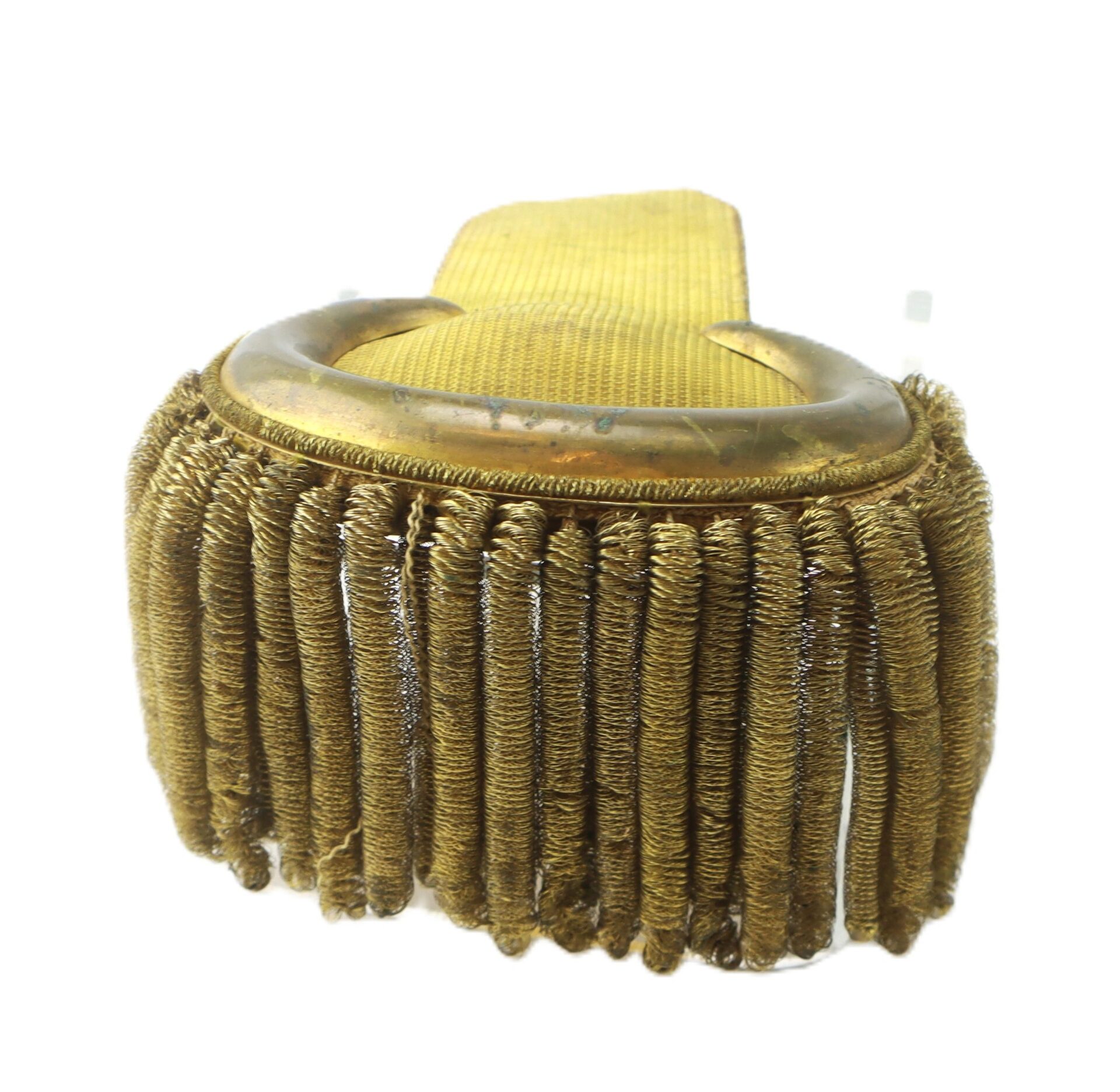 A single U.S. Officer’s Bullion Epaulette featuring ornate gold braiding and metallic fringe, isolated on a white background.